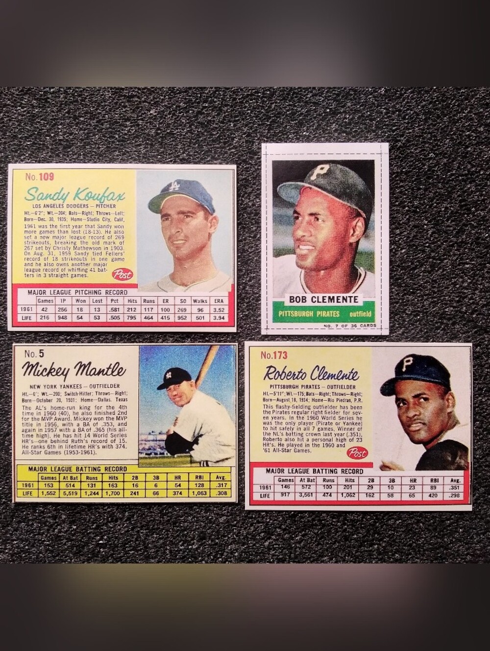 Roberto Clemente, Mickey Mantle, Sandy Koufax Post Cereal Baseball Card Set